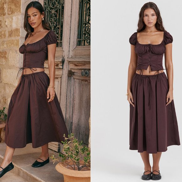 HOUSE OF CB ´Cora´ Rich Brown Gathered Midi Skirt...